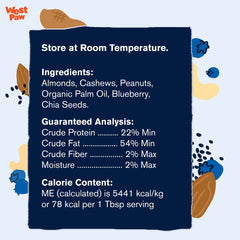 WEST PAW Nut Butter Blueberry and Chia Seed Treats ingredients list provides transparent nutrition for planning treats