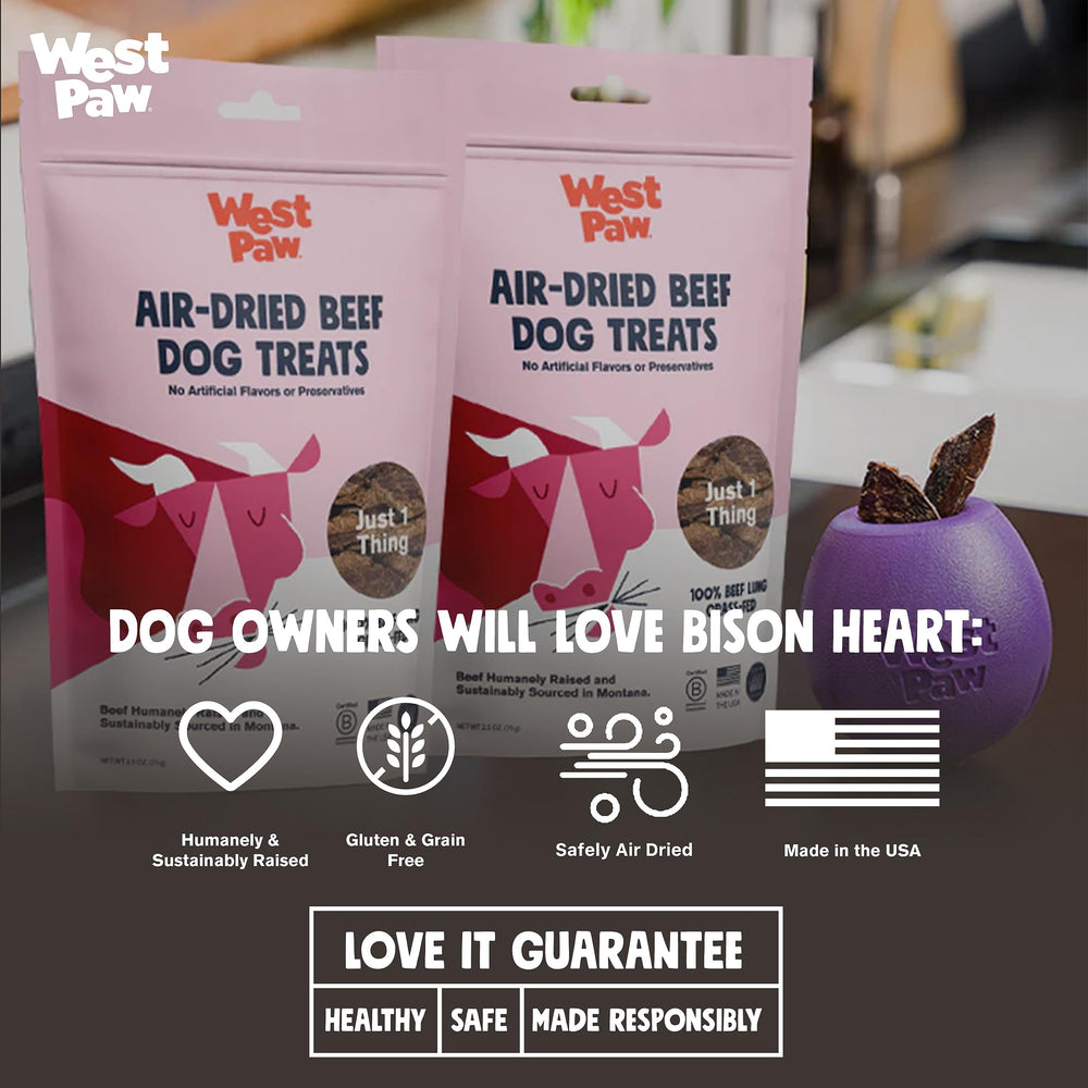 West Paw air-dried single-ingredient treat packaging highlights grain-free, USA-made quality.