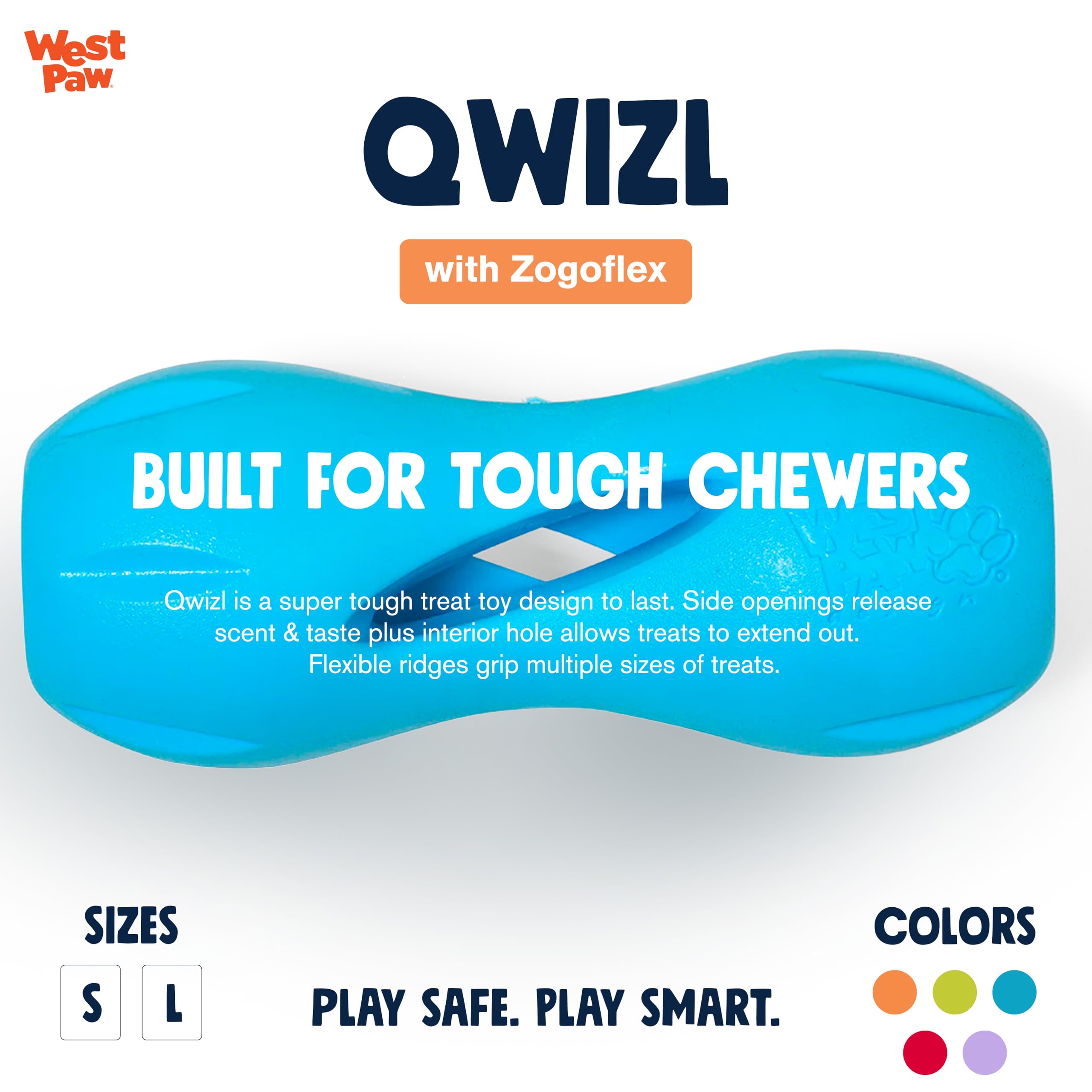 West Paw Qwizl Aqua Small side view highlights bright color for easy visibility during solo chews