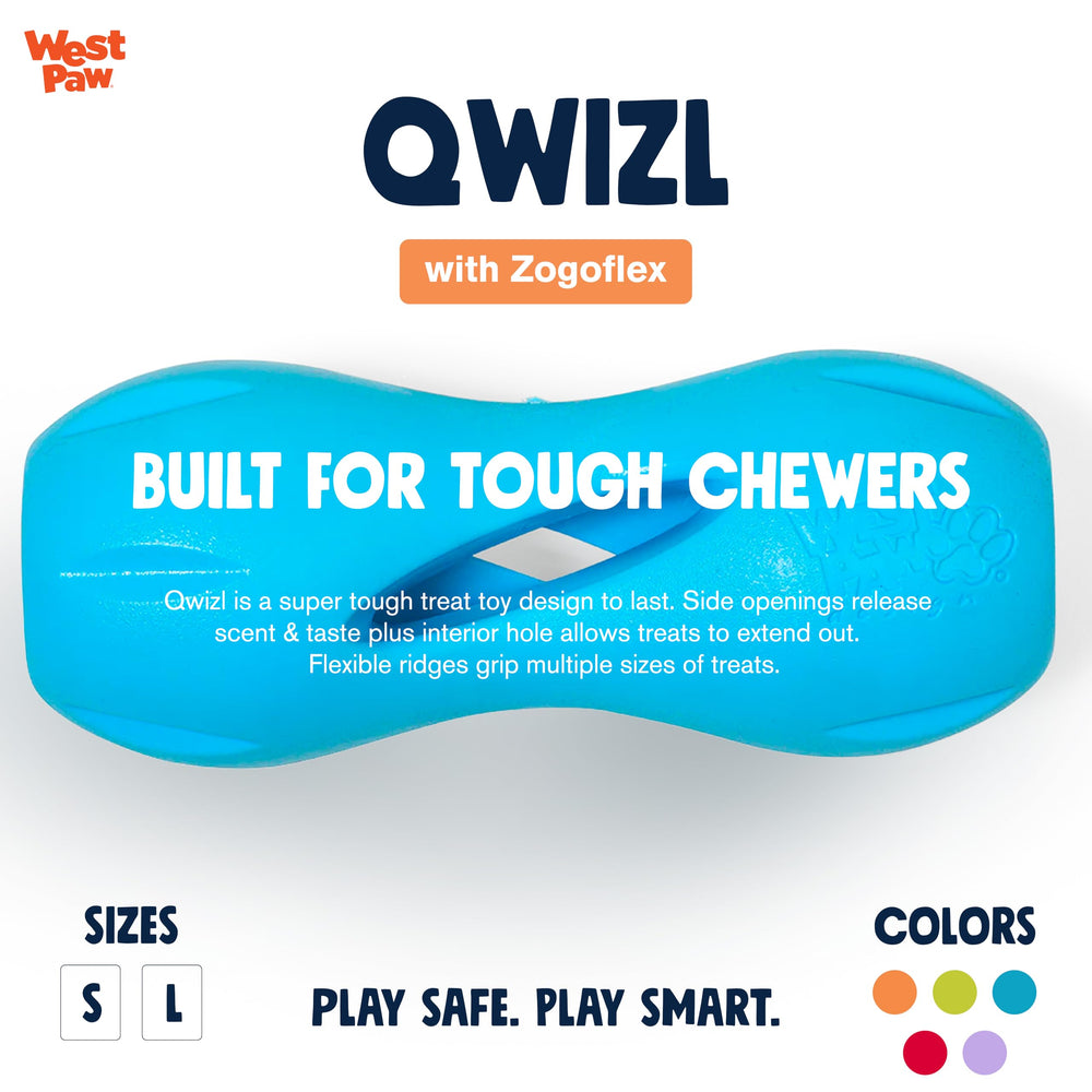 West Paw Qwizl Aqua Small side view highlights bright color for easy visibility during solo chews