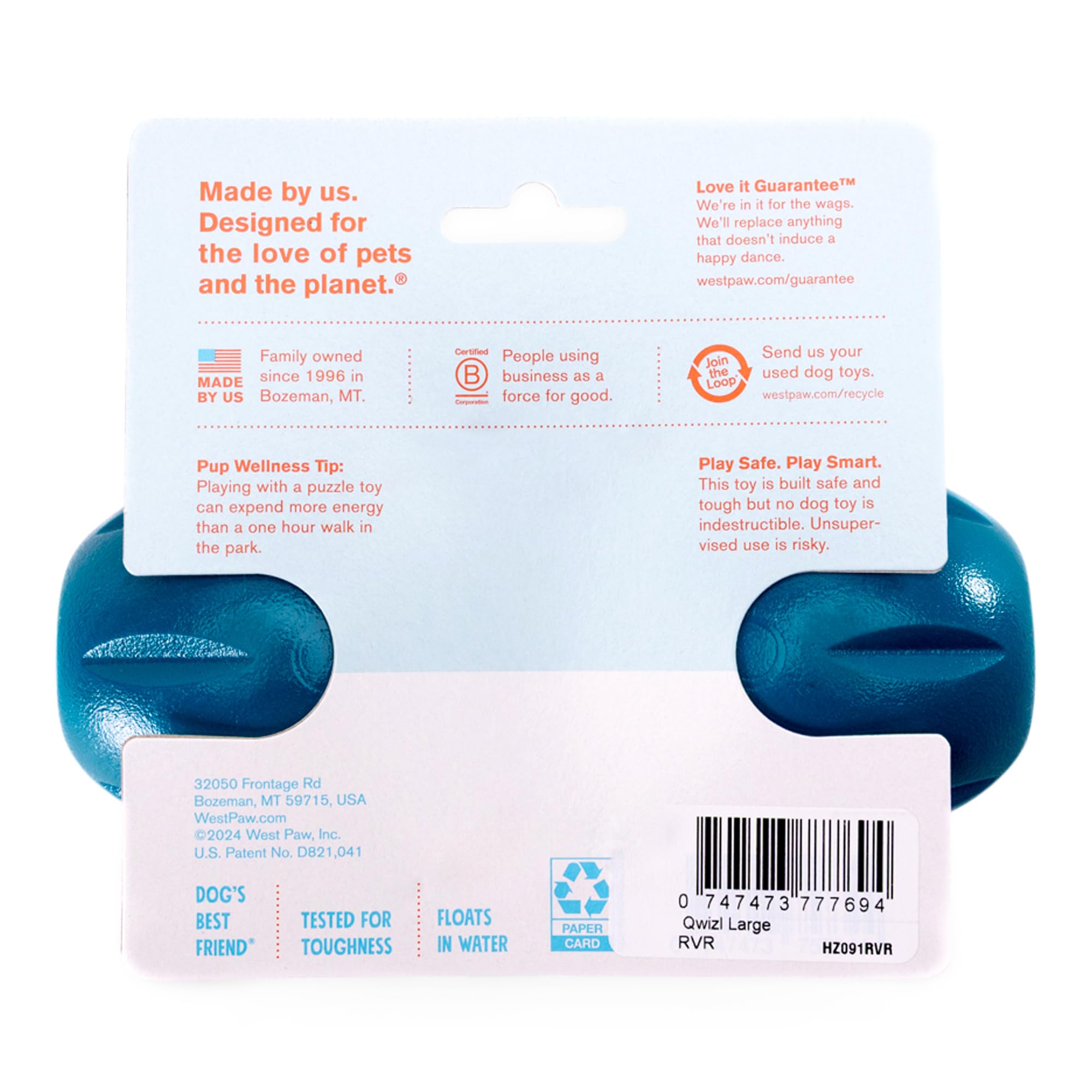 West Paw Qwizl Large River Blue ready for fetch and interactive bounce.