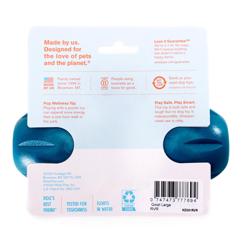 West Paw Qwizl Large River Blue ready for fetch and interactive bounce.
