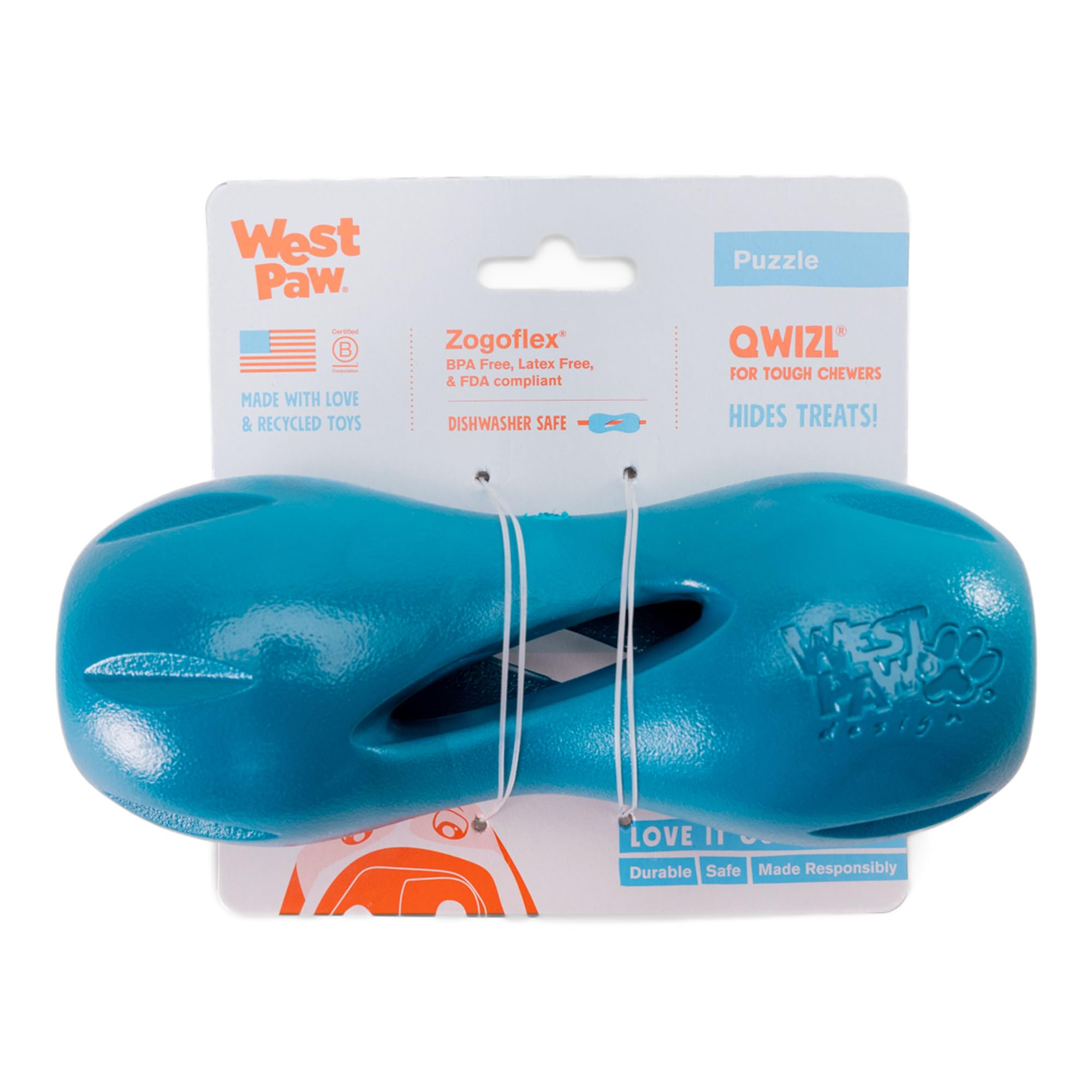 West Paw Qwizl treat toy in River Blue shows durable chewing and treat-release play.
