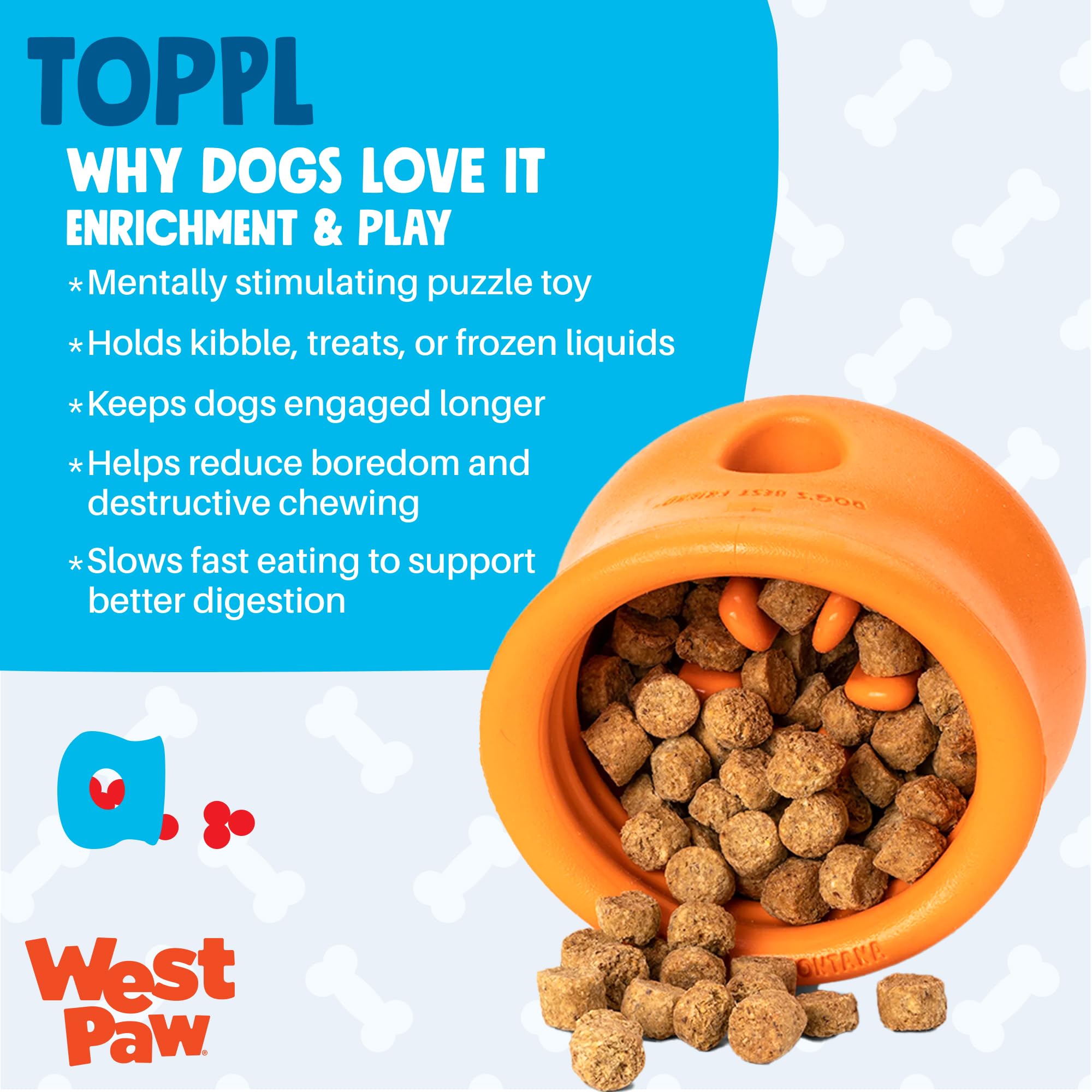West Paw Toppl Tangerine small chew toy with treat-dispensing design for canine enrichment