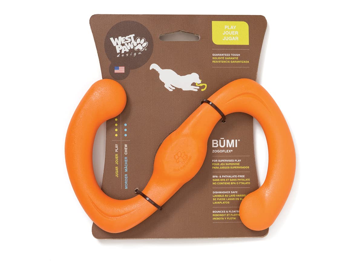 West Paw Zogoflex Bumi tug toy in S-shape for dogs, durable, interactive play.