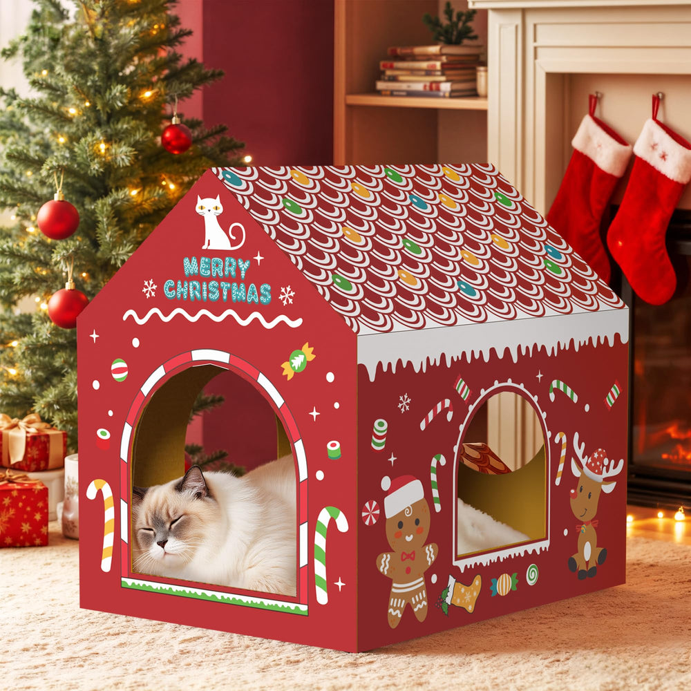 WESTERN HOME Cardboard Cat House with Santa pattern offers cozy indoor holiday fun.