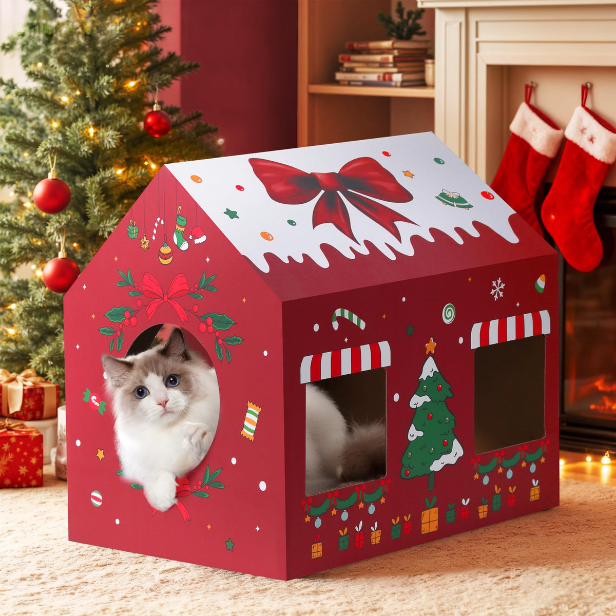 WESTERN HOME Christmas Cat House front view shows a cozy hideaway and festive décor.