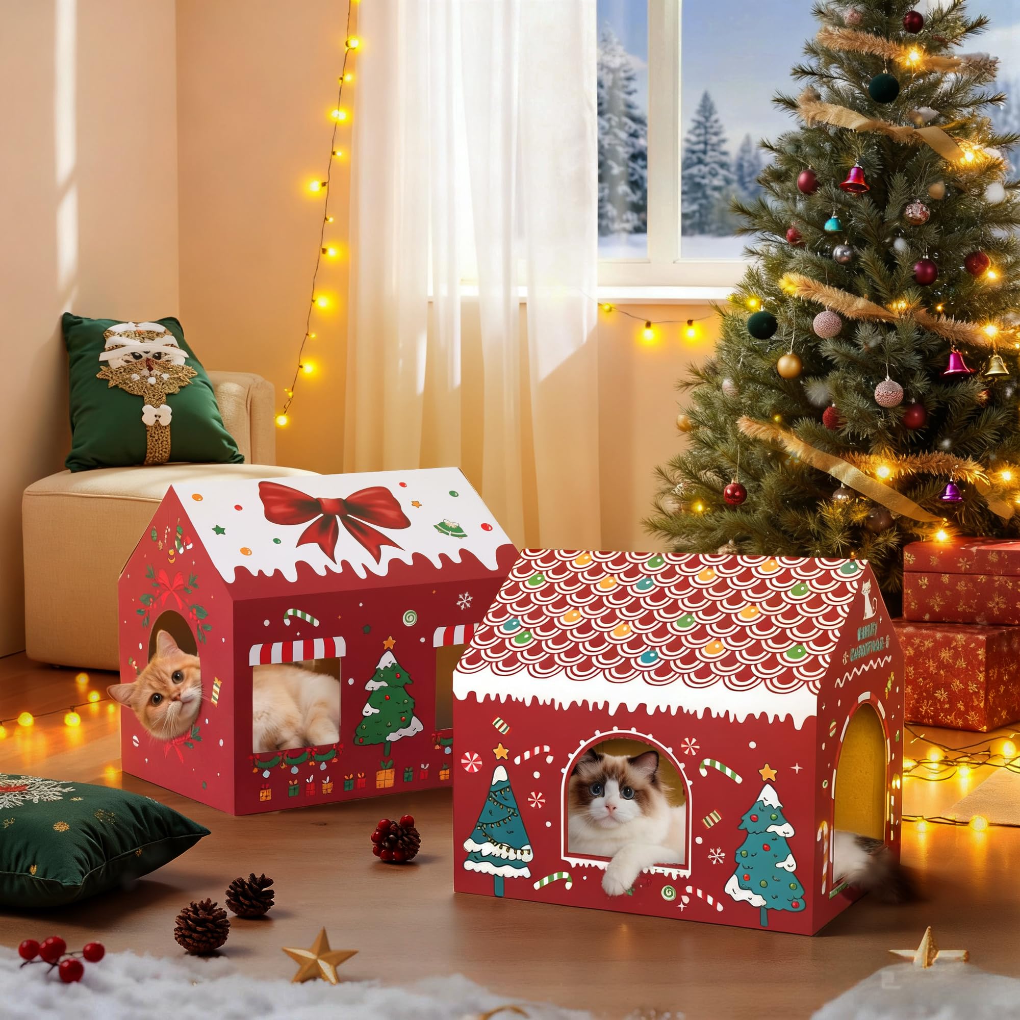 WESTERN HOME Christmas Cat House in-room setup blends with holiday decor.