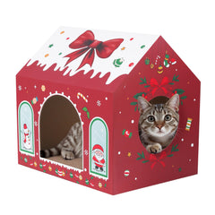 WESTERN HOME Christmas Cat House side view highlights spacious interior for playtime and scratching.