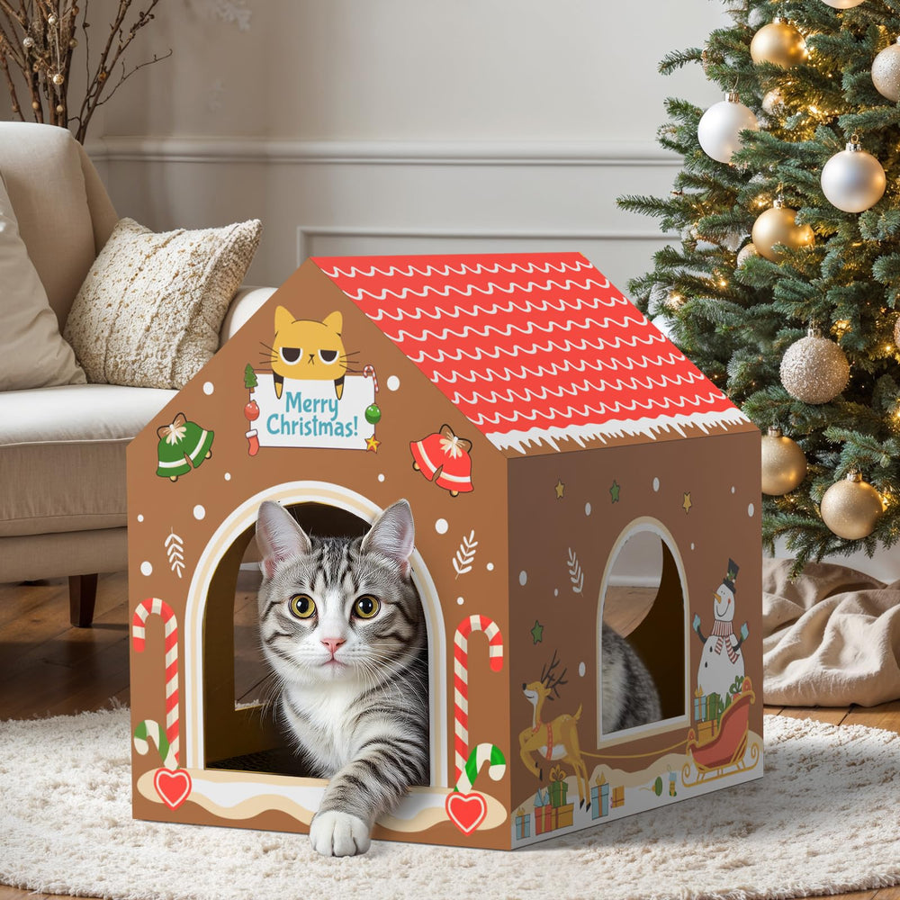 WESTERN HOME gingerbread-cat-house-front-view shows cozy entry for playful kittens