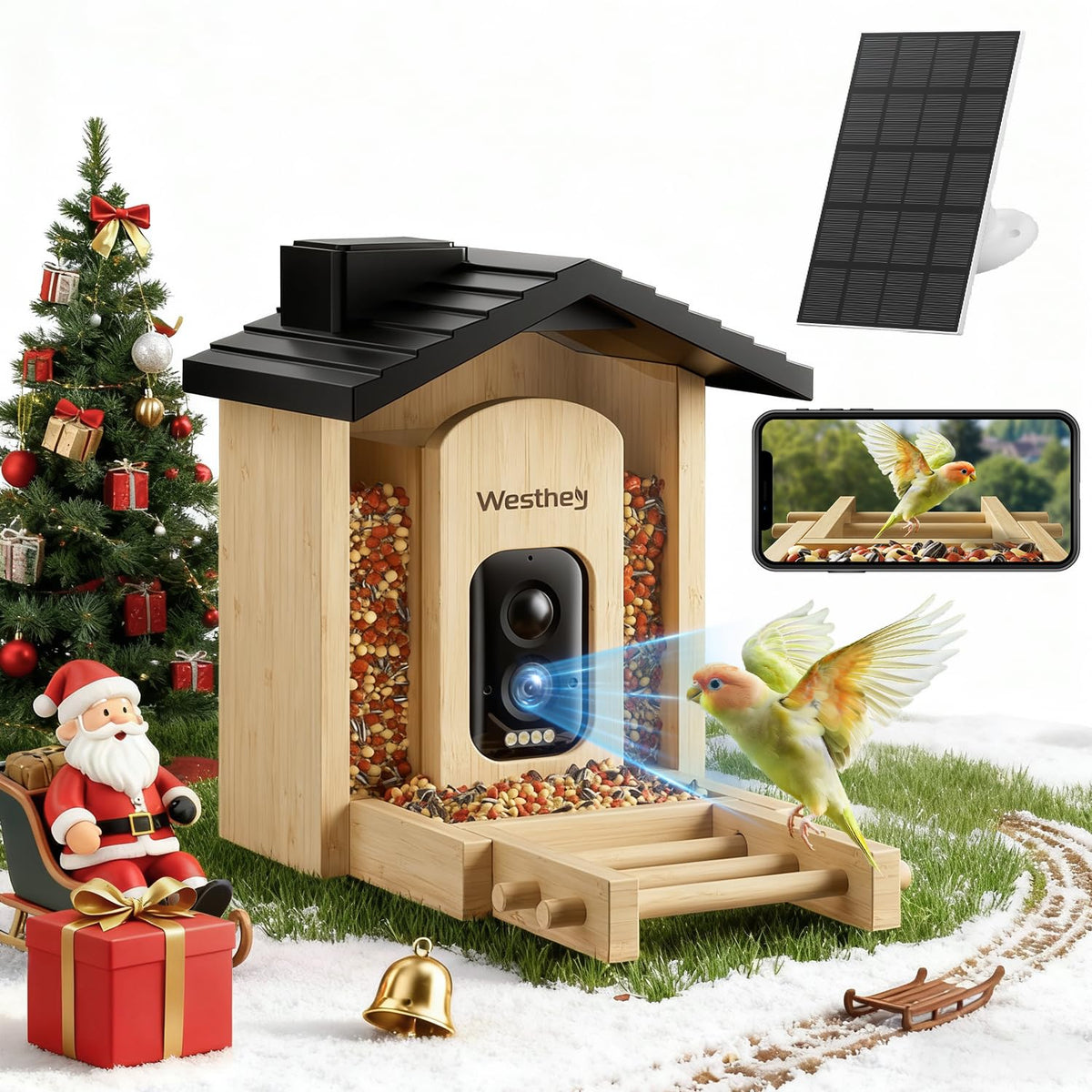 WESTHEY birdfeeder camera front view highlights eco friendly bamboo for easy backyard birdwatching.