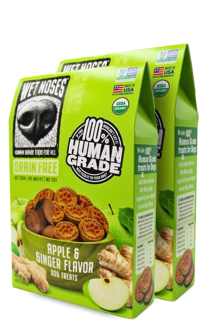 Wet Noses Apple Ginger dog treats packaging highlights organic, grain-free ingredients.