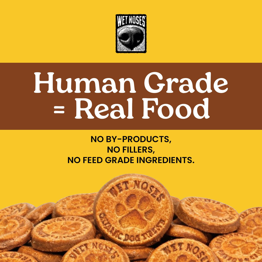 Wet Noses grain-free dog treats highlighting digestive-friendly formula for dogs with sensitivities.