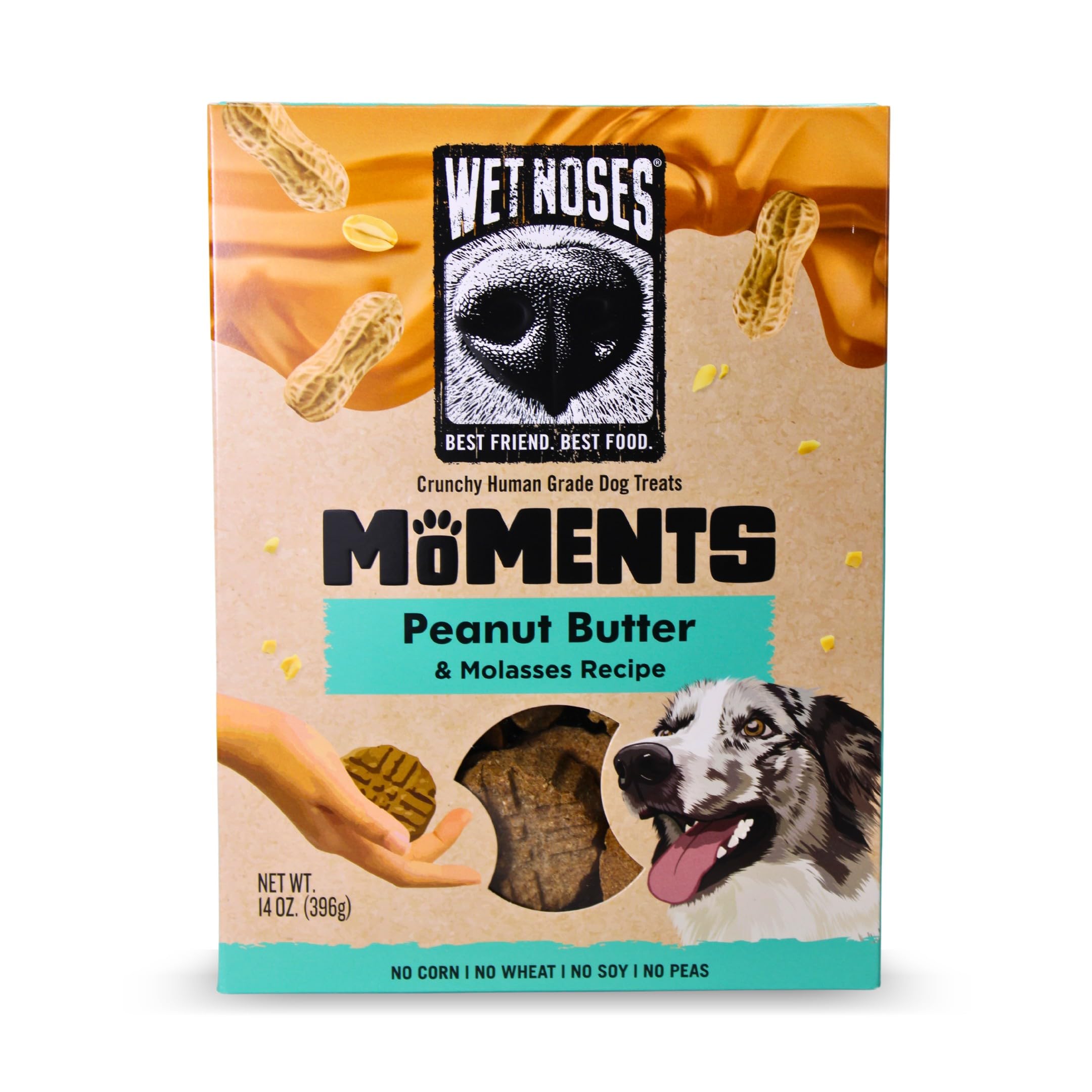 Wet Noses Moments packaging front showing 14oz non-GMO treats for dogs