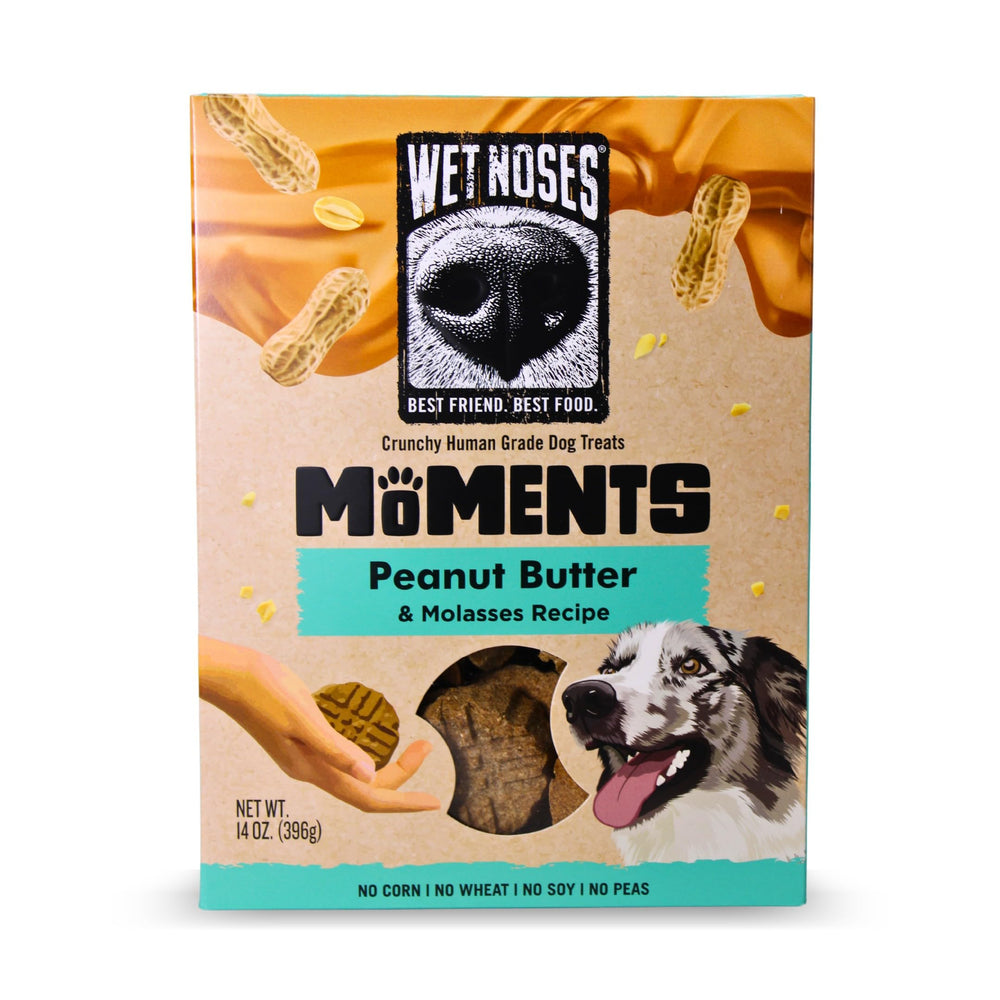 Wet Noses Moments packaging front showing 14oz non-GMO treats for dogs