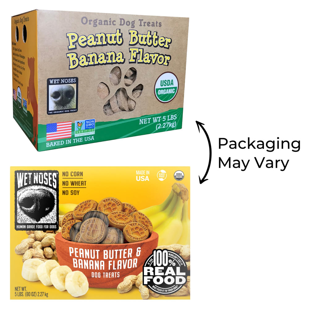 Wet Noses Organic Crunchy Dog Treats close-up showing grain-free peanut butter banana flavor.