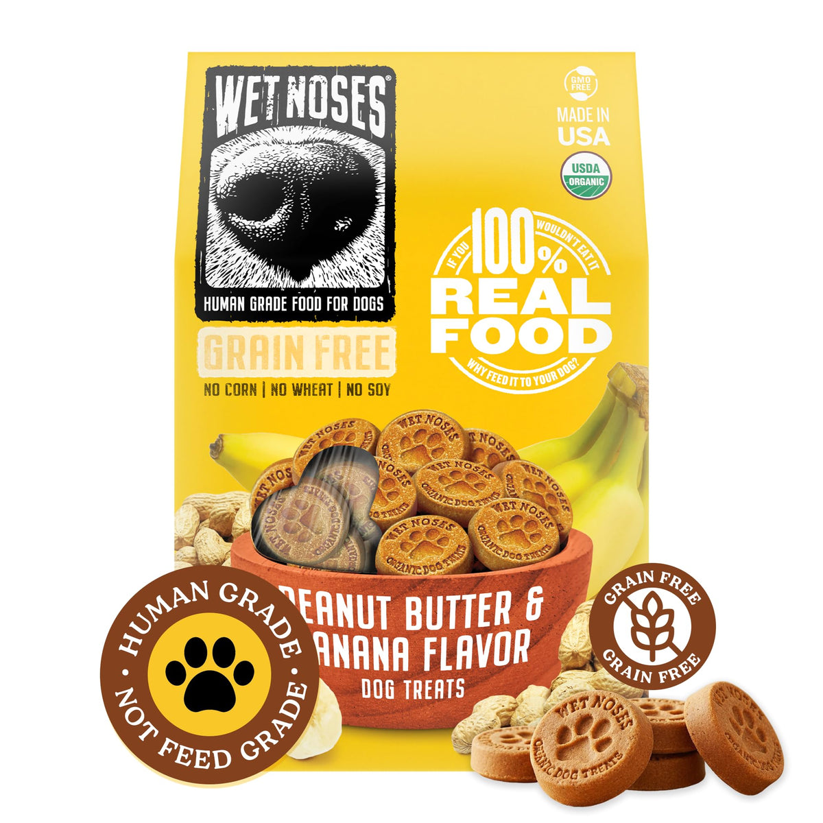 Wet Noses organic crunchy dog treats grain-free peanut butter banana close-up for a tasty, grain-free snack.