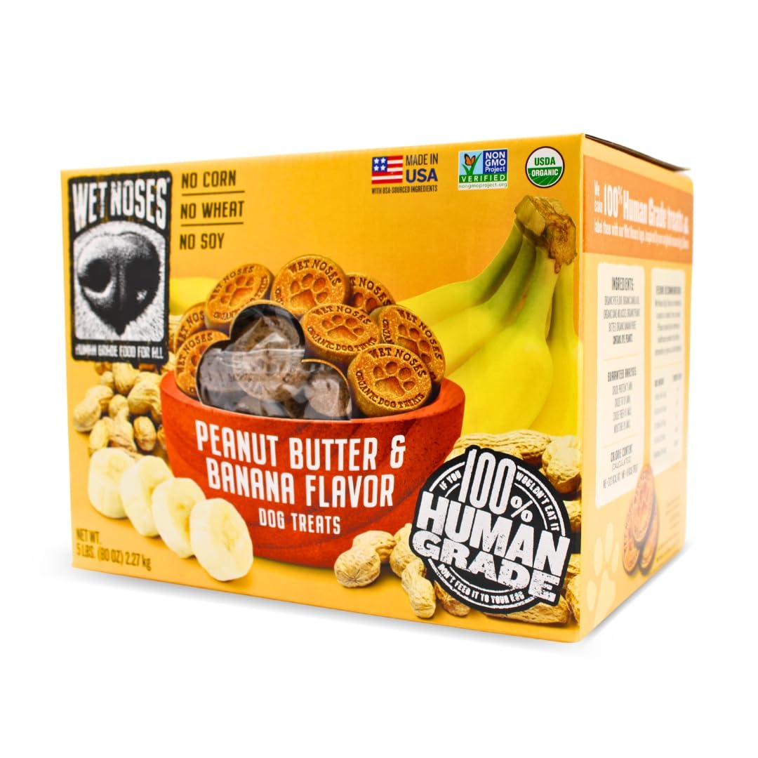 Wet Noses Organic Crunchy Dog Treats packaging highlights premium, human-grade ingredients.