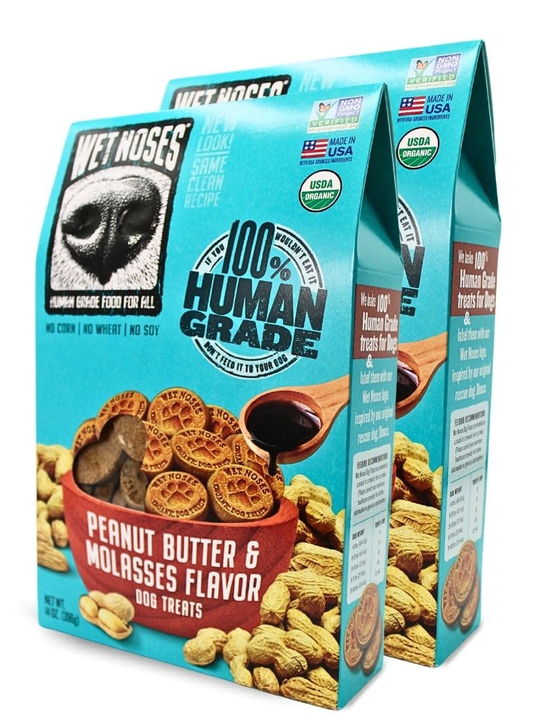 Wet Noses Organic Crunchy Dog Treats packaging highlights organic ingredients for healthy snacking.