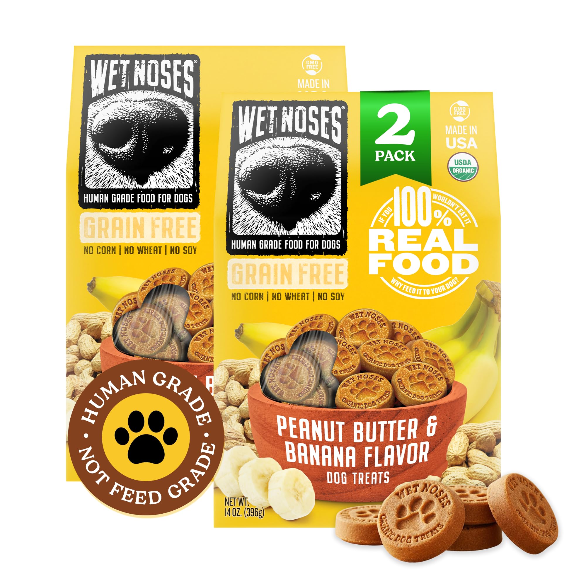 Wet Noses Organic Crunchy Dog Treats peanut butter banana front view—grain-free for sensitive dogs.
