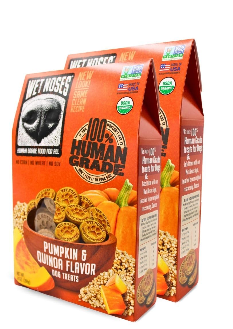 Wet Noses Organic Crunchy Dog Treats pumpkin and quinoa for training rewards.