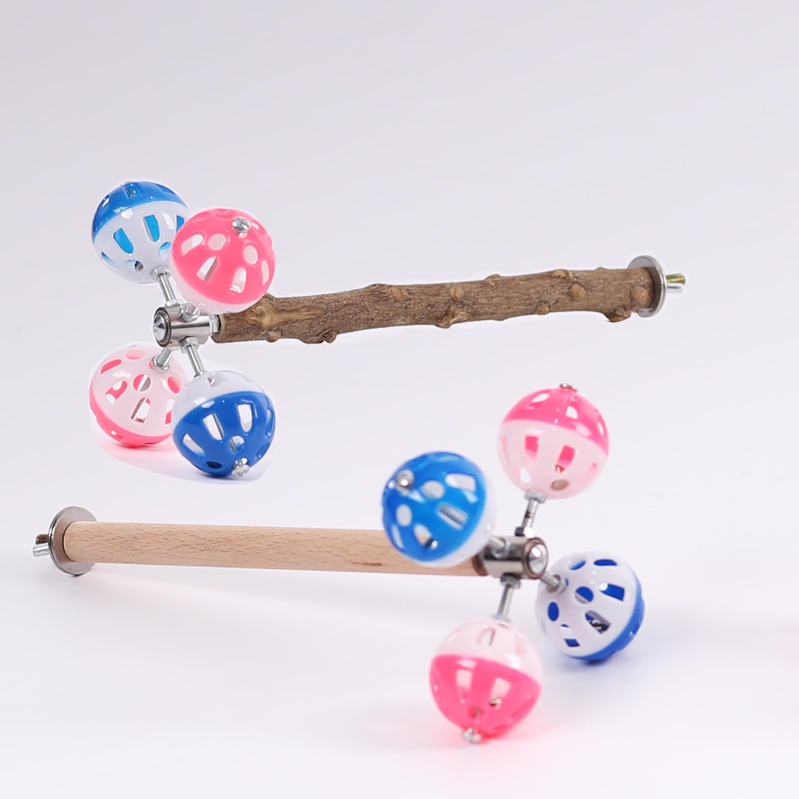 WEVONIGU bird toy in use shows birds exploring rotating balls and perch