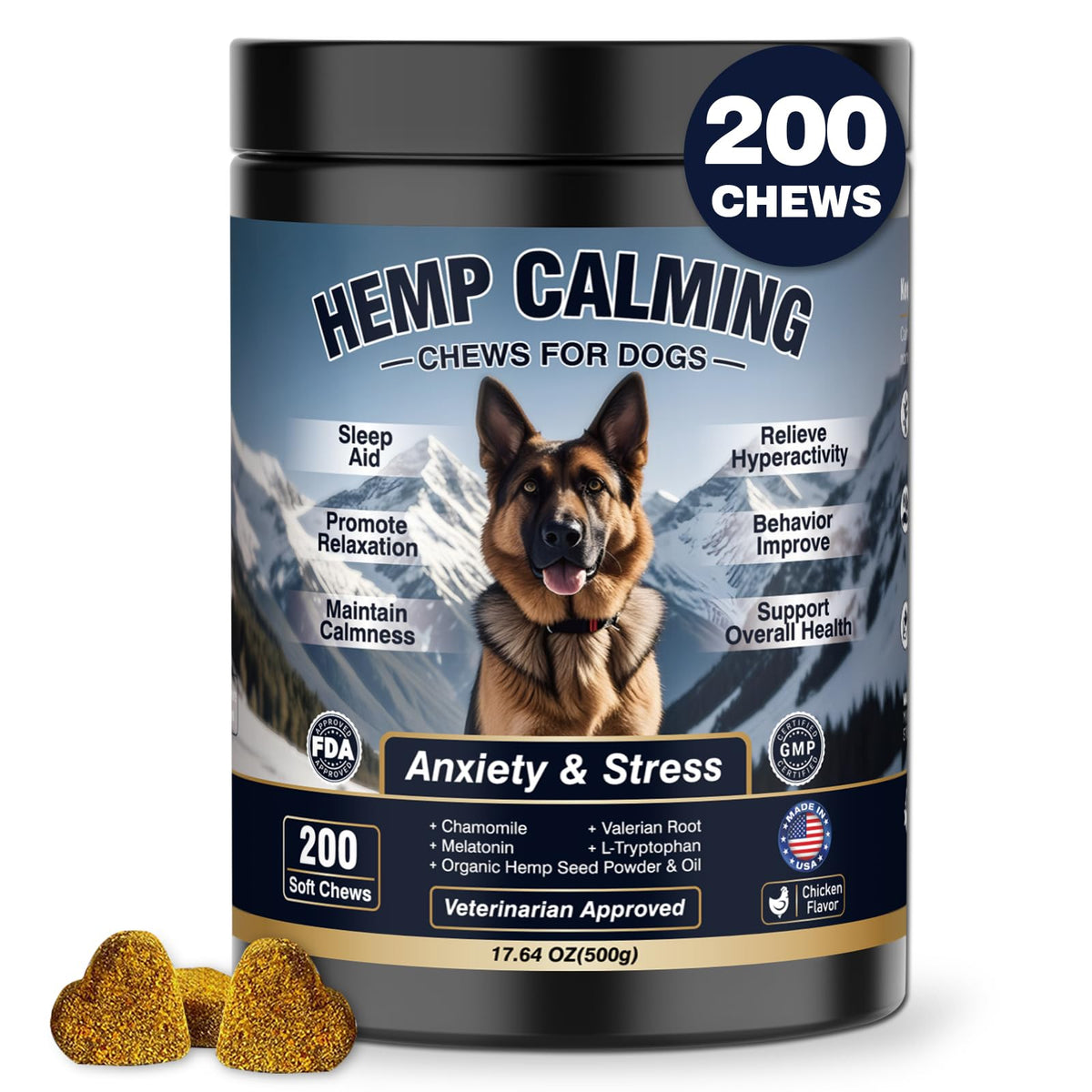 WEYILL chicken hemp dog calming chews bottle front promotes a calmer evening for dogs.