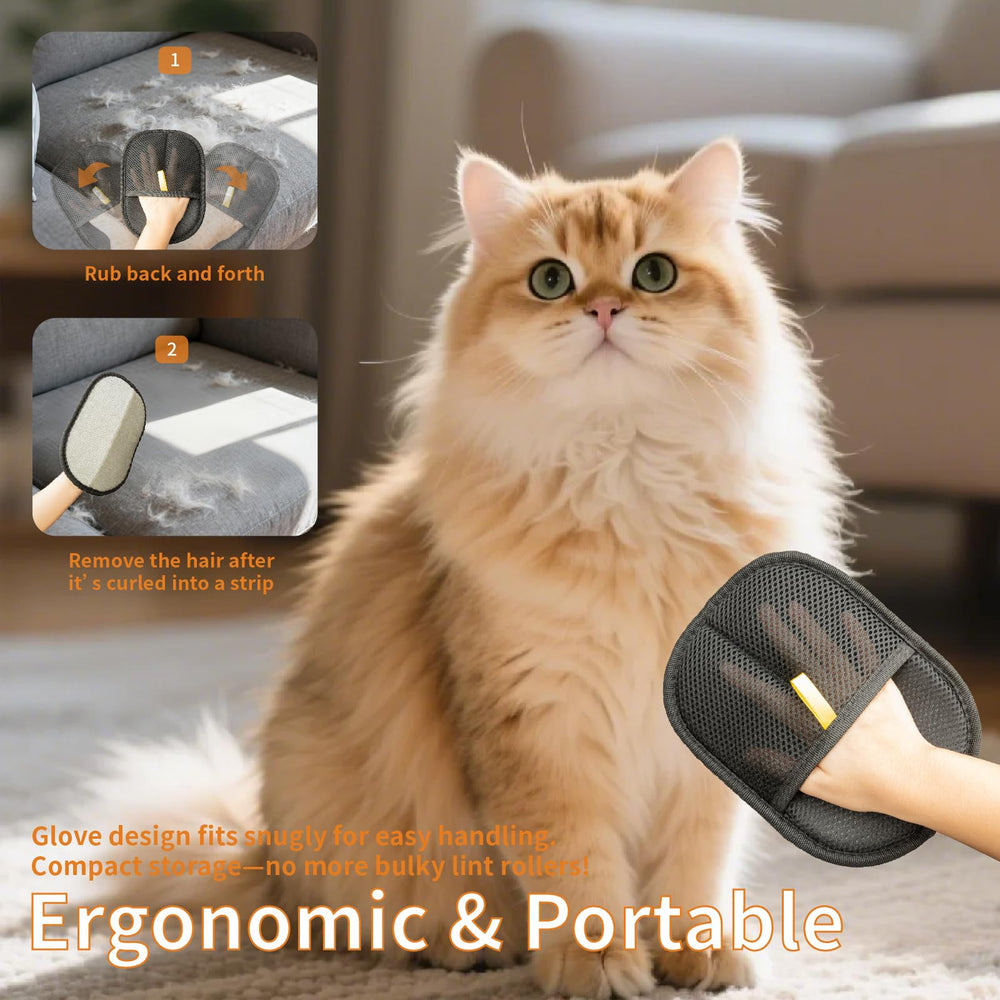 Whaislex pet hair remover glove on sofa demonstrates multi-surface cleaning