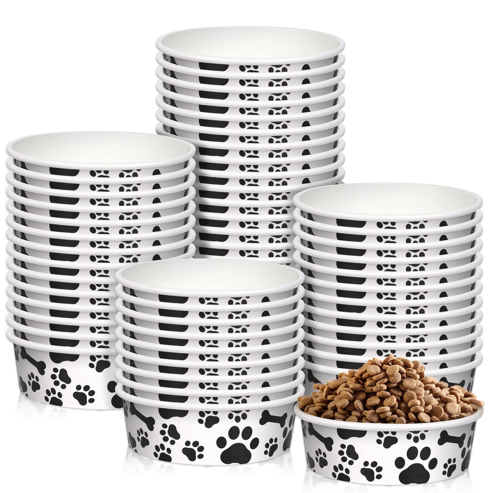 Whaline disposable pet bowls with bone-paw pattern closeup, 16oz capacity for convenient pet meals.