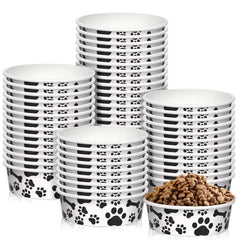 Whaline disposable pet bowls with bone-paw pattern closeup, 16oz capacity for convenient pet meals.