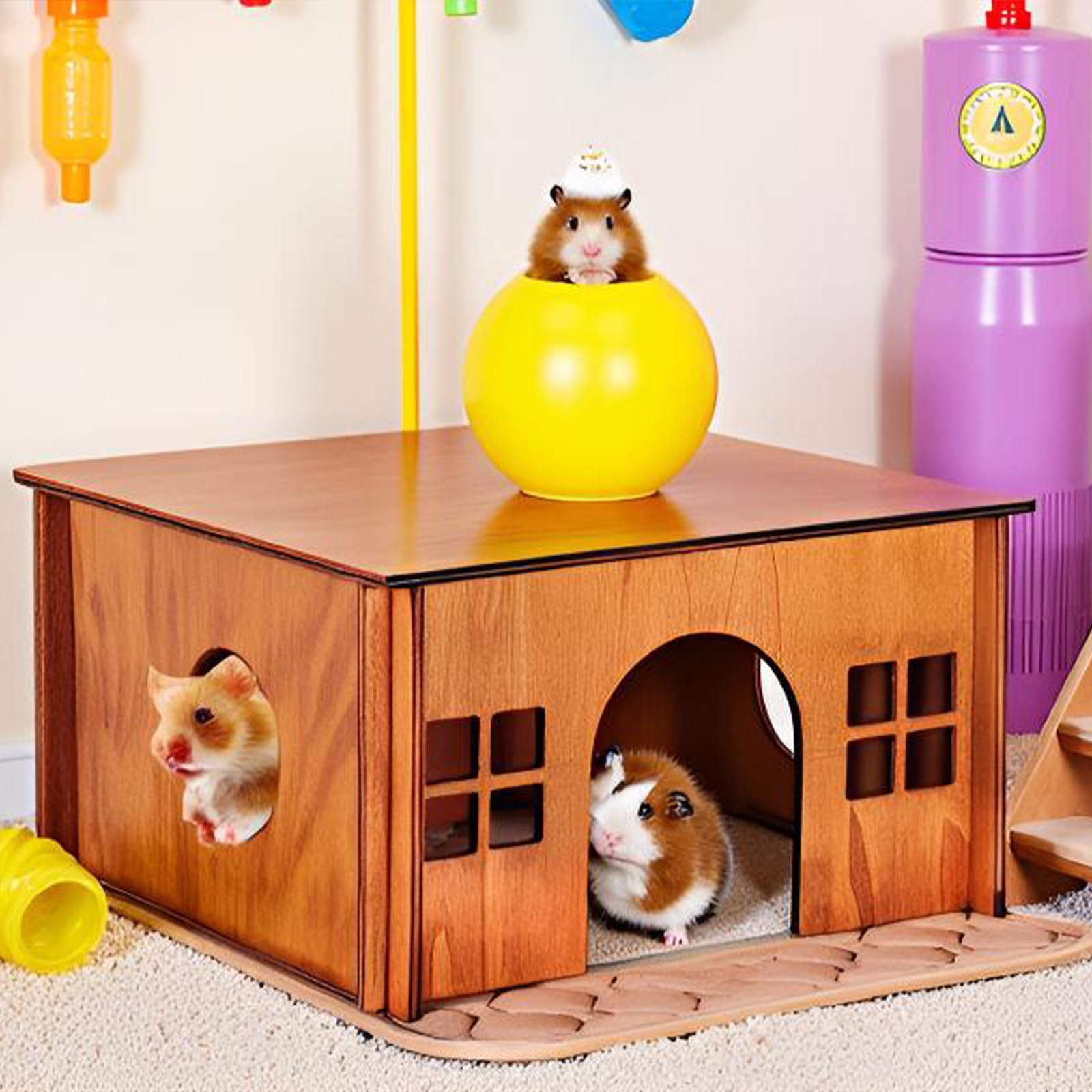 WHEARTED wooden guinea pig hideout side-view with side caves supports safe exploration.