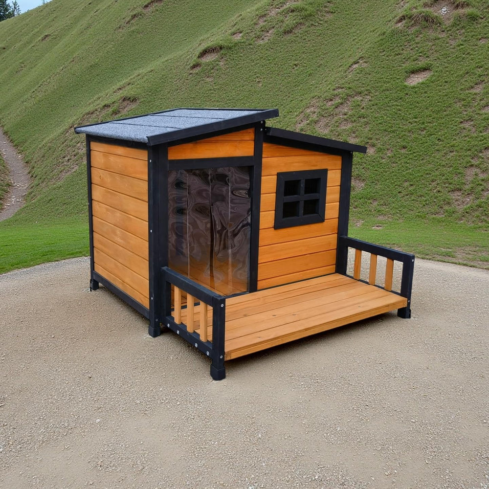 WHEGETED brown-finish dog house complements outdoor spaces with durable construction.
