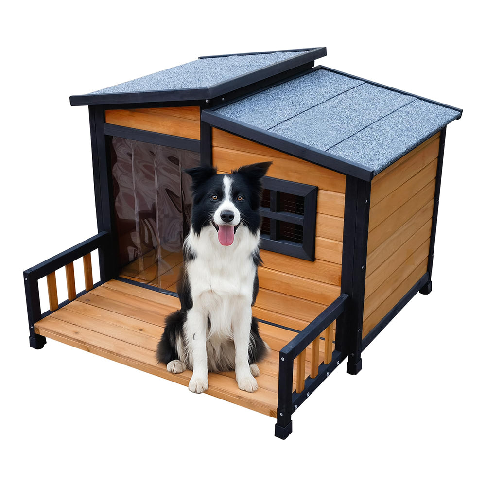 WHEGETED spacious deck area lets dogs lounge in sun or shade.