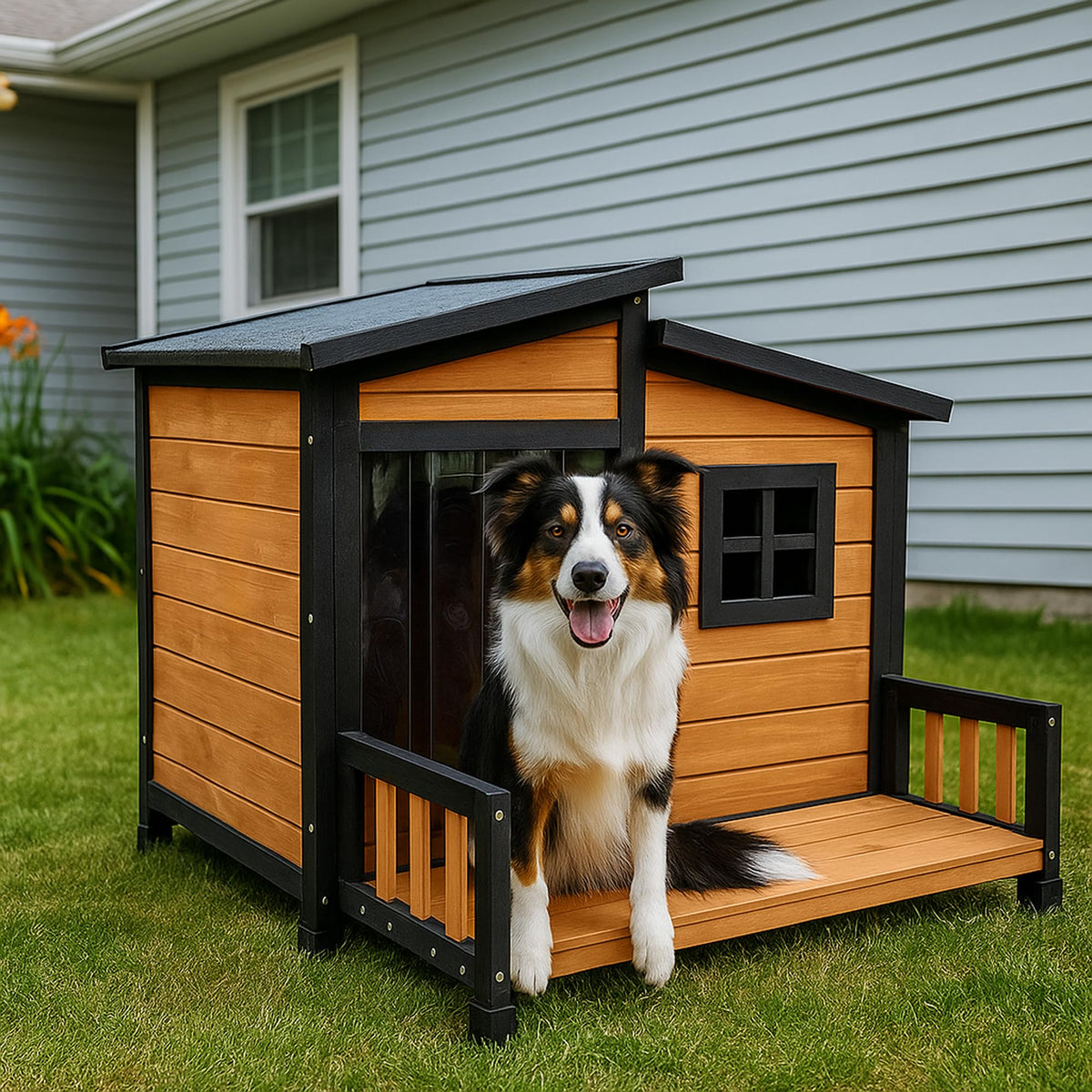 WHEGETED large outdoor dog house on patio showcasing sturdy weatherproof shelter.