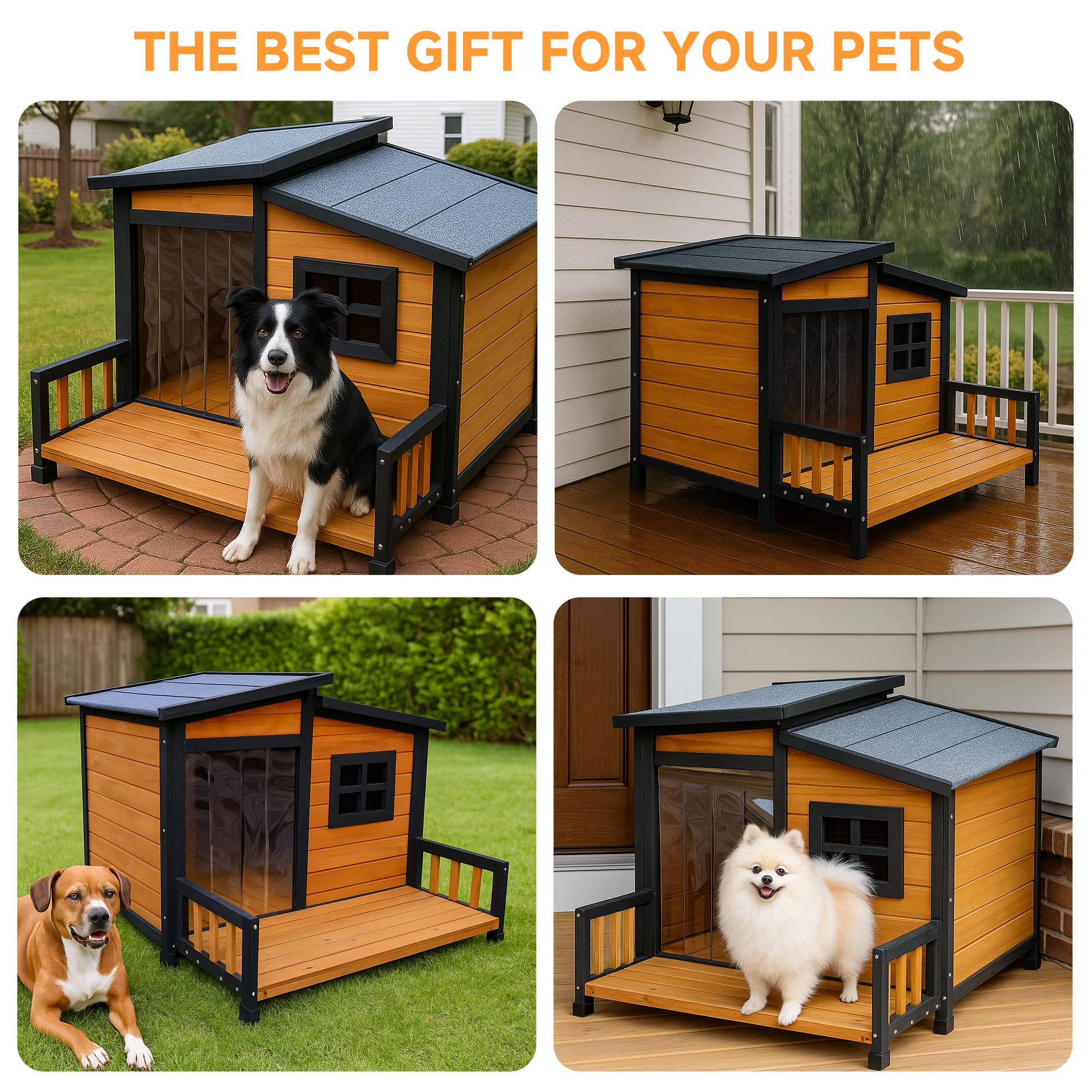 WHEGETED wooden dog house highlights wood build and rain-resistant design for durability.