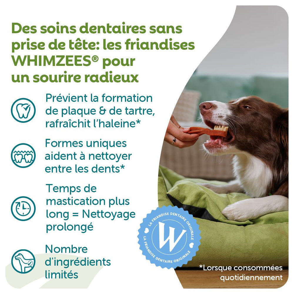 Whimzees chew-stick form helps reduce plaque in small dogs.