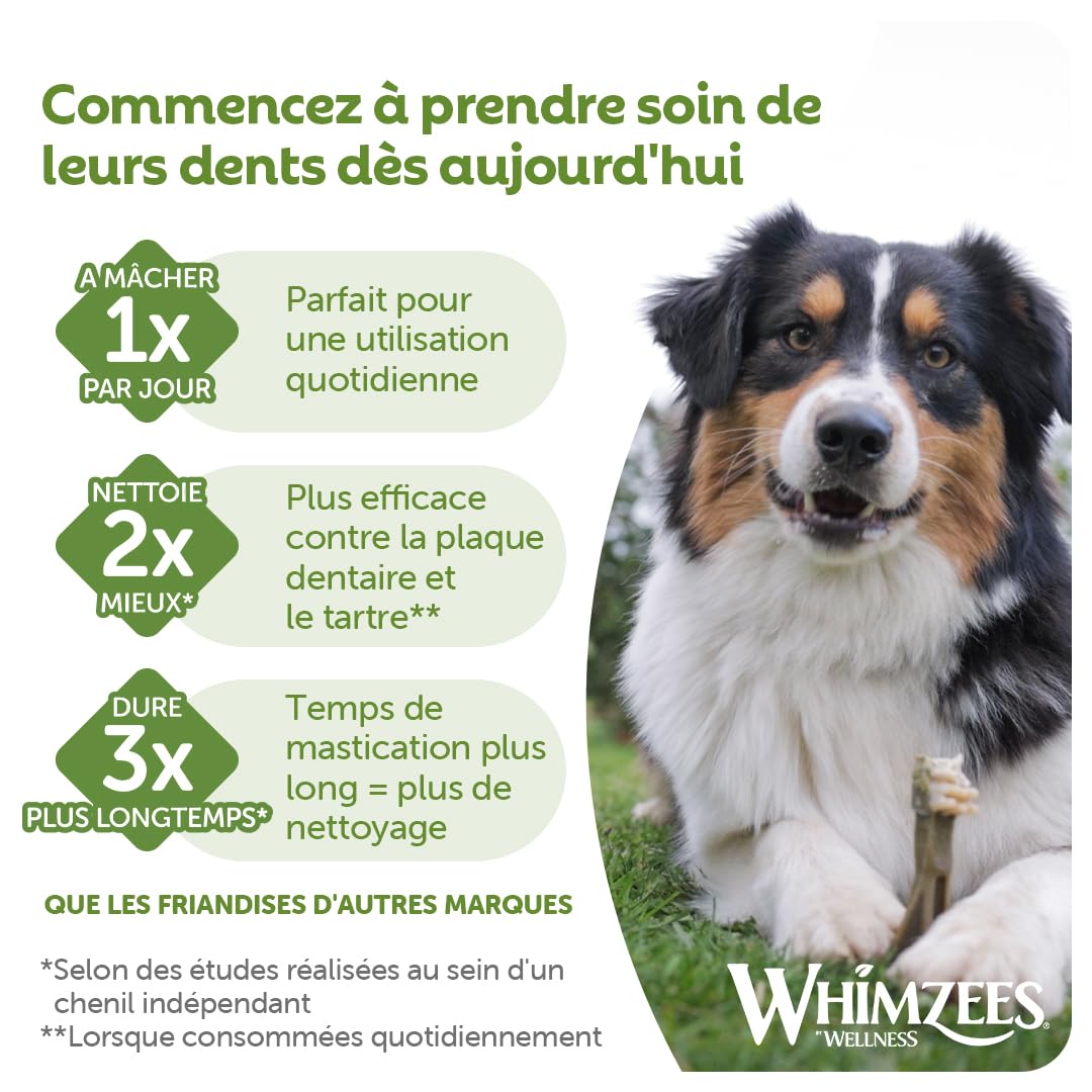 Whimzees natural ingredients emphasis highlights plant-based dental care.