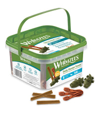 Whimzees small variety box dog chews showcase mixed shapes for dental care.
