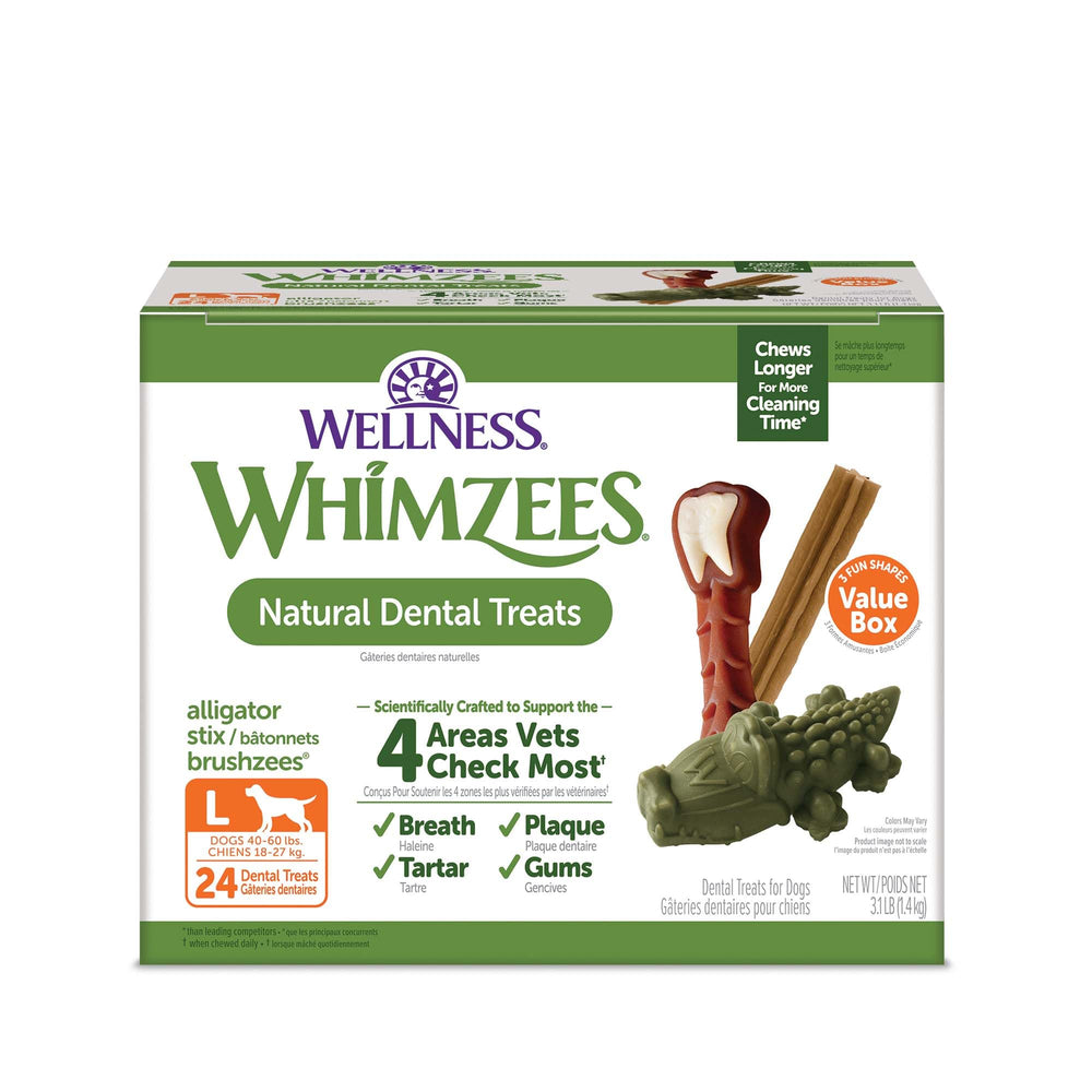 Whimzees Wellness Box dog dental treats for daily oral care and fresher breath.