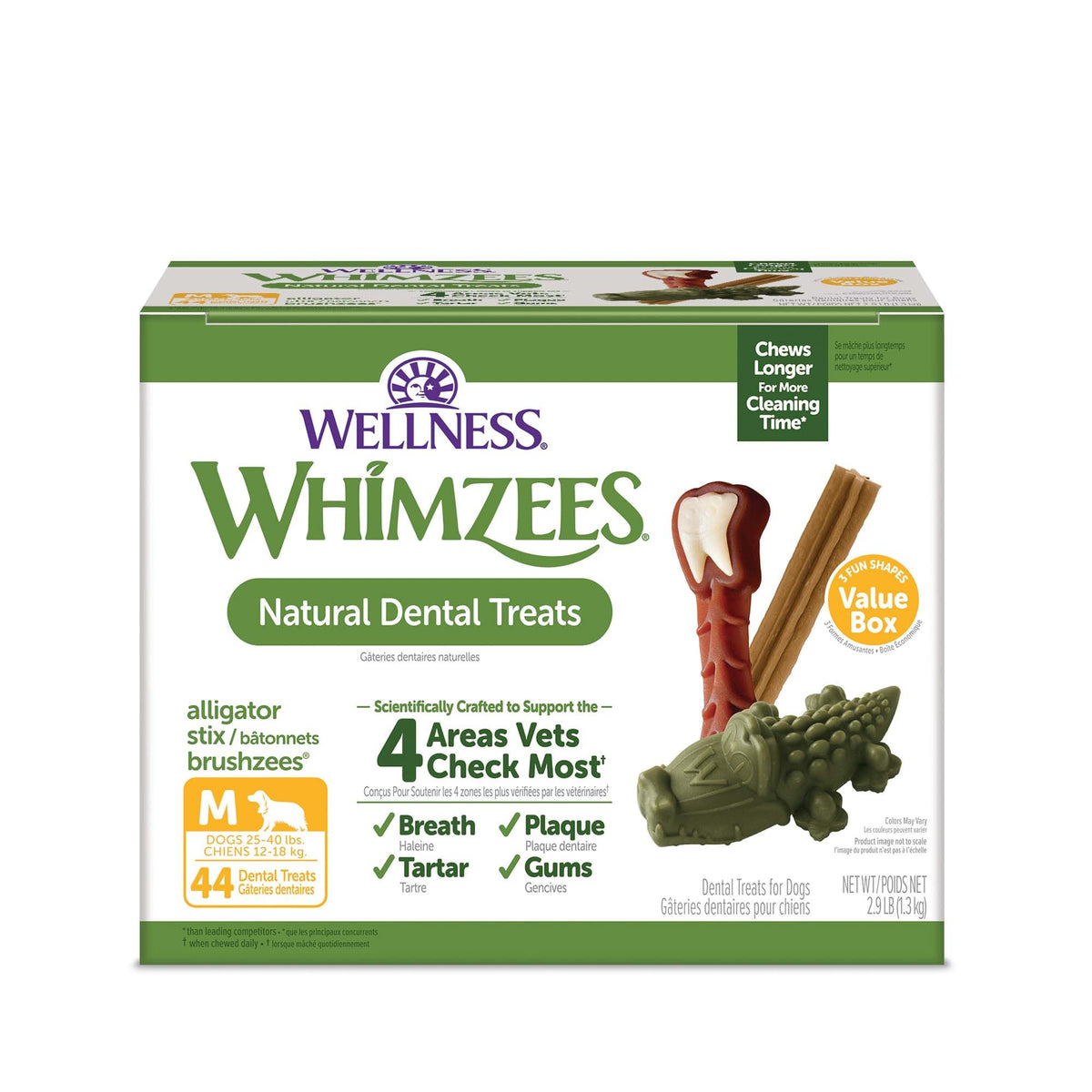 Whimzees Wellness Box packaging showing natural dental treats for daily care.