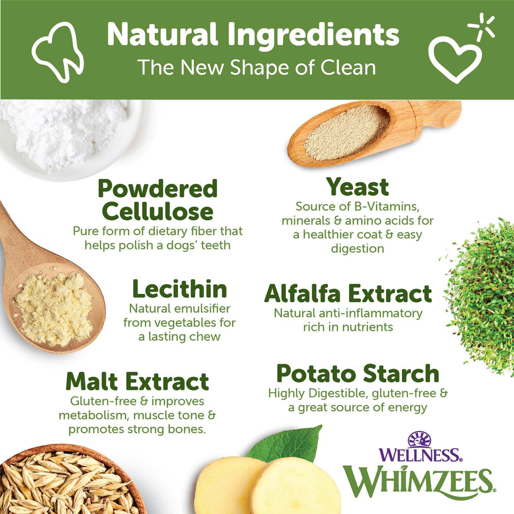Whimzees grain-free ingredients label image emphasizes natural, additive-free dental chews.