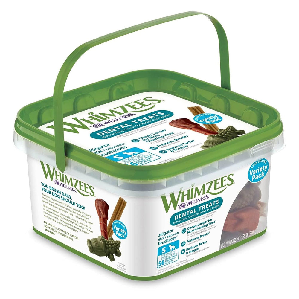 Whimzees Wellness Variety Pack box showcasing small dog dental treats for daily cleaning and fresher breath