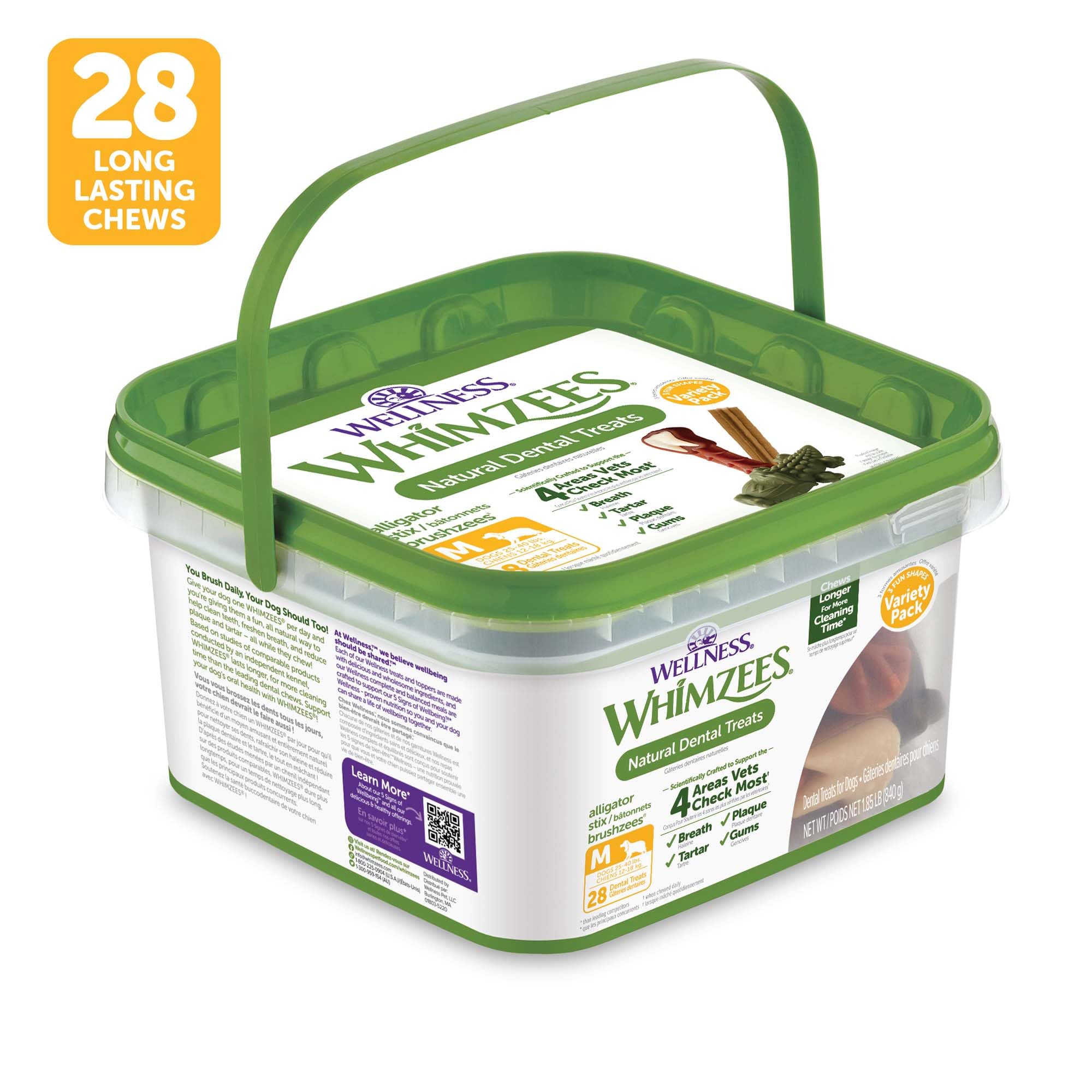 Whimzees Wellness Variety Pack medium dental chews closeup highlights long-lasting cleaning time.