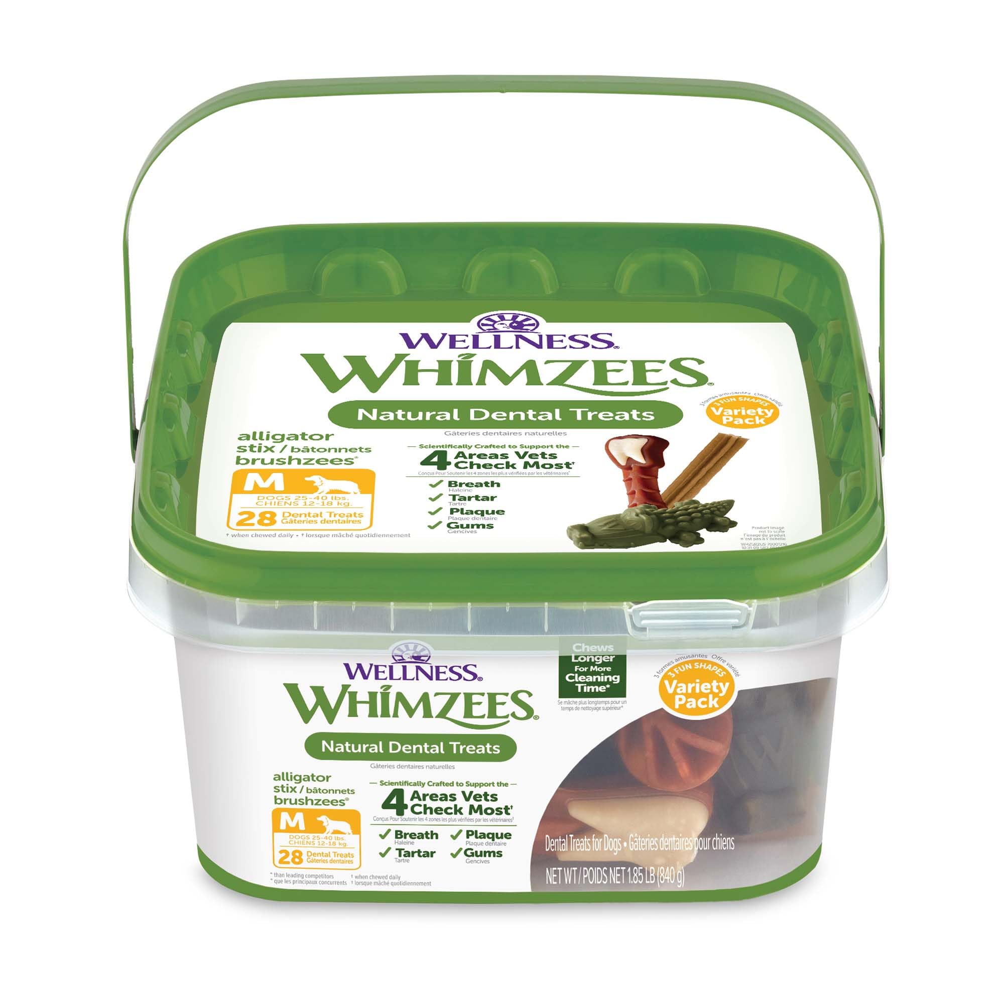 Whimzees Wellness Variety Pack open box demonstrates easy daily dental routine for dogs.