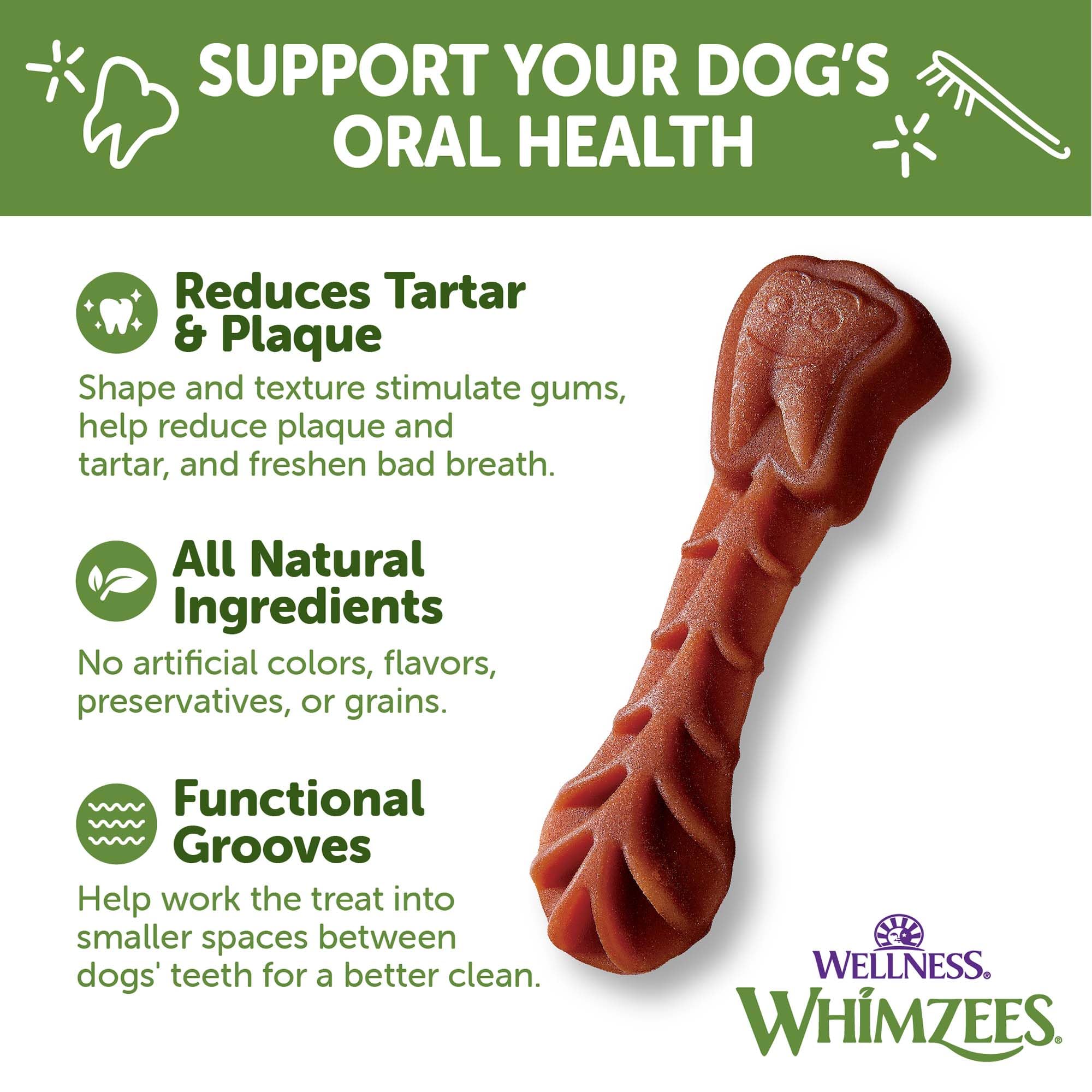 Whimzees vegetarian dental chews closeup reinforces allergen-friendly option.