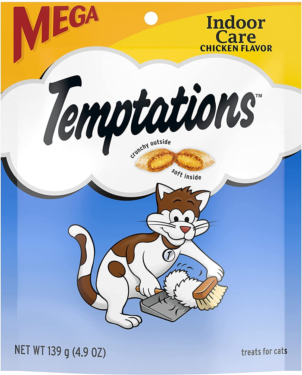 Whiskas Temptations Indoor Care packaging shows a 3-pack bundle for multi-cat households.