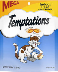 Whiskas Temptations Indoor Care packaging shows a 3-pack bundle for multi-cat households.
