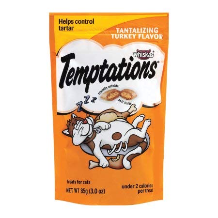 Whiskas Temptations Turkey Flavor cat treats pouch — crunchy outside, creamy inside for tasty snacking.