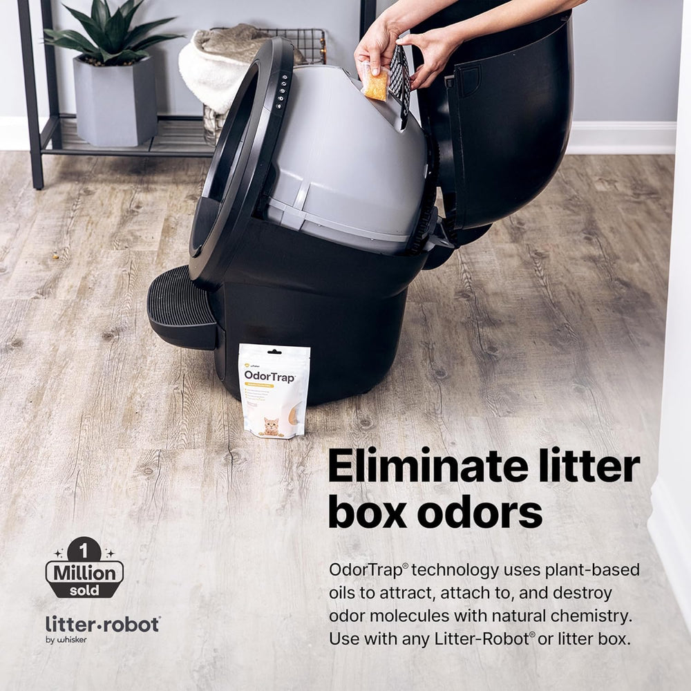 Whisker OdorTrap pod-not-included shows exterior placement for traditional litter boxes, targeting odors.