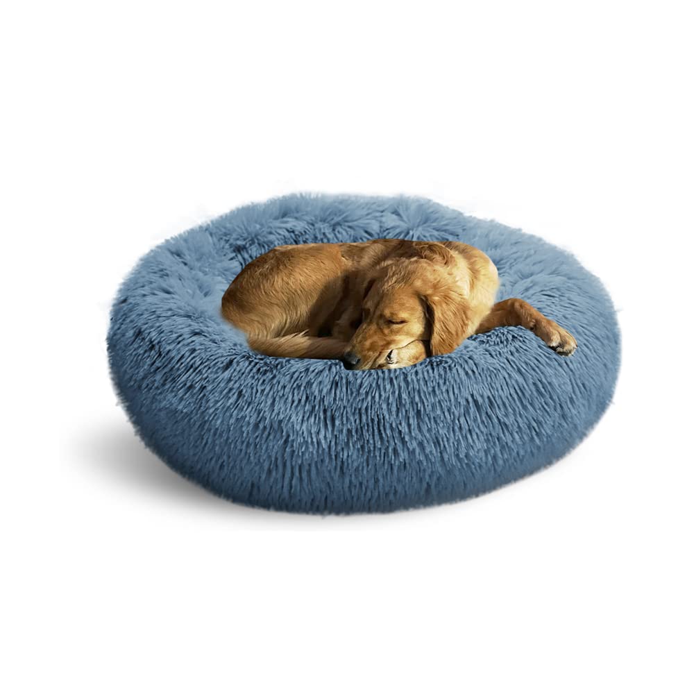 Whiskers & Friends round fluffy dog bed closeup shows plush fabric for cozy naps.